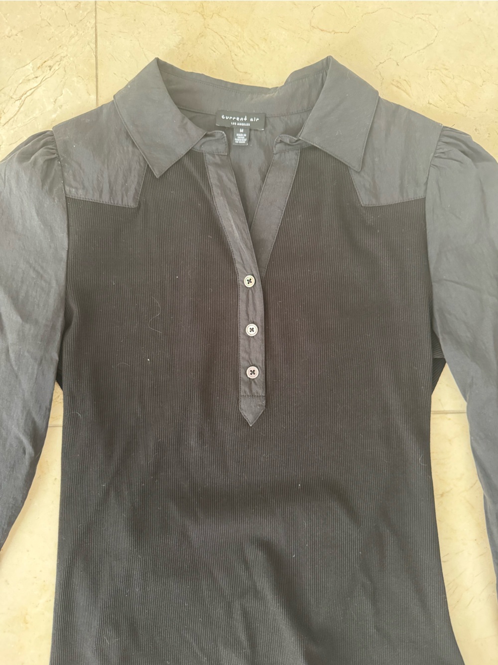 Current Air Black Mixed-Fabric Puff Sleeve Polo Top